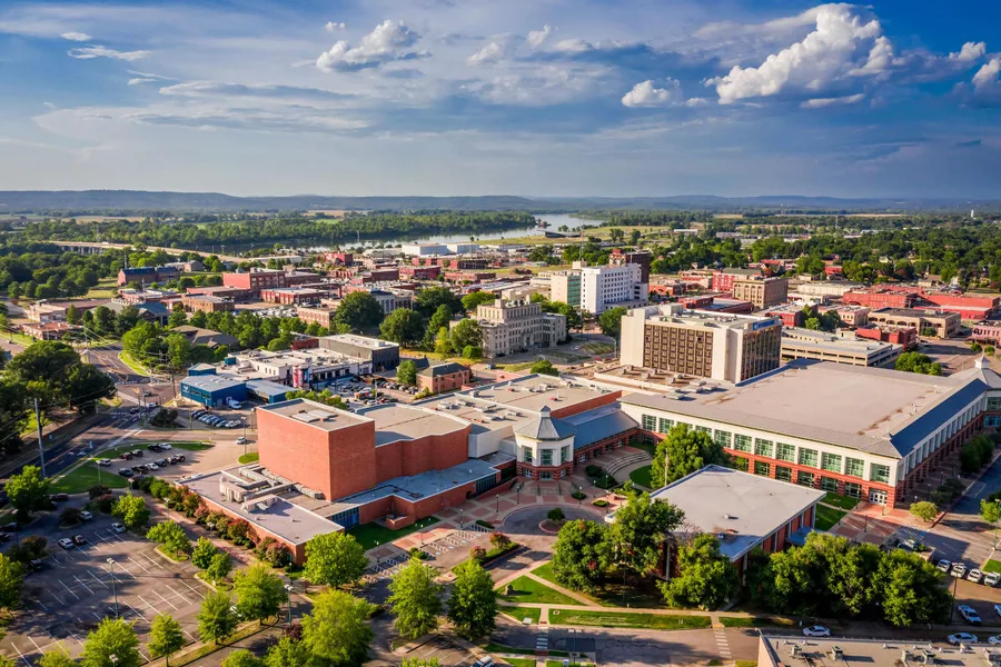 Aerial view of downtown Fort Smith, Arkansas and the Arkansas River